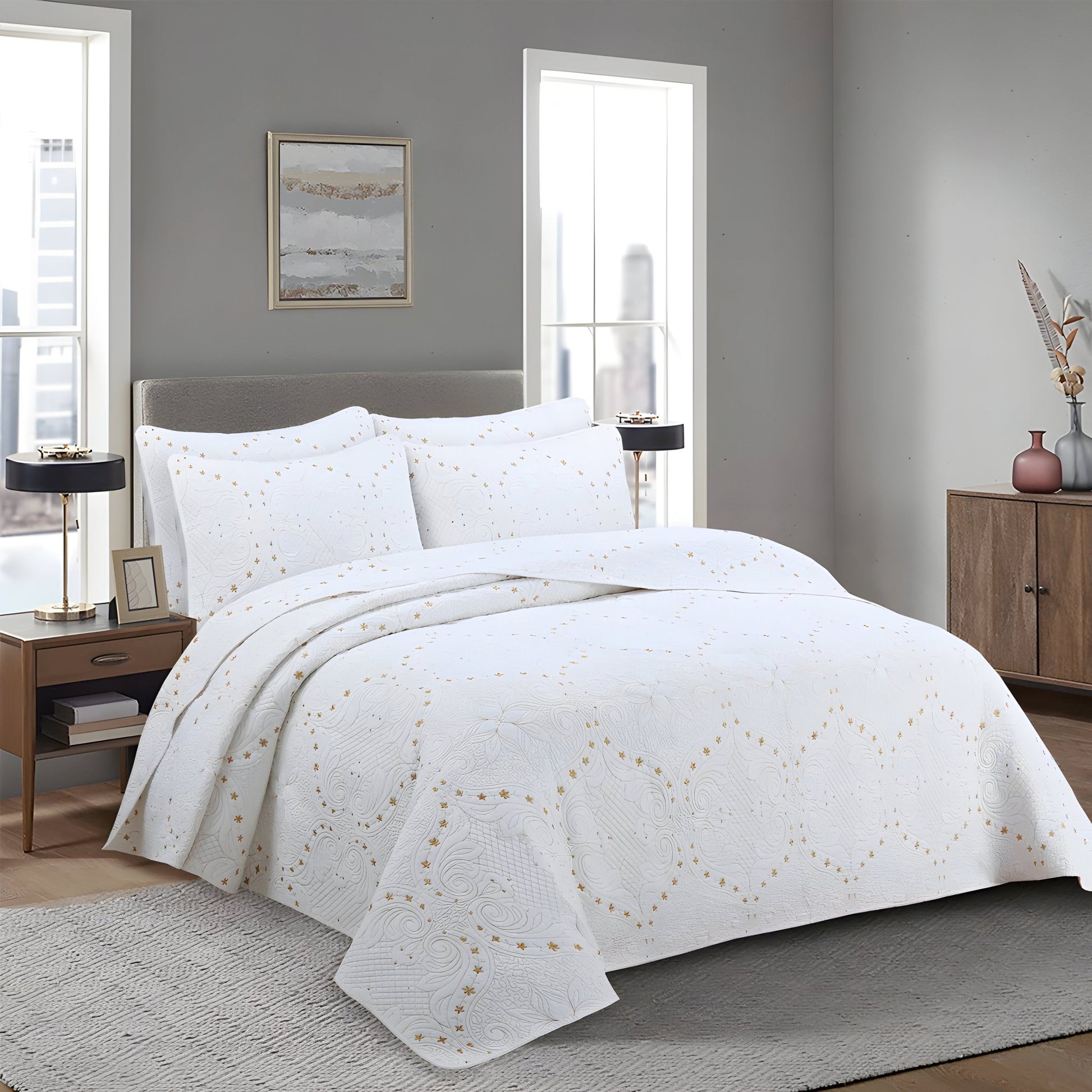 Celina Cotton Bedspread Set - Side View - Left Side - White