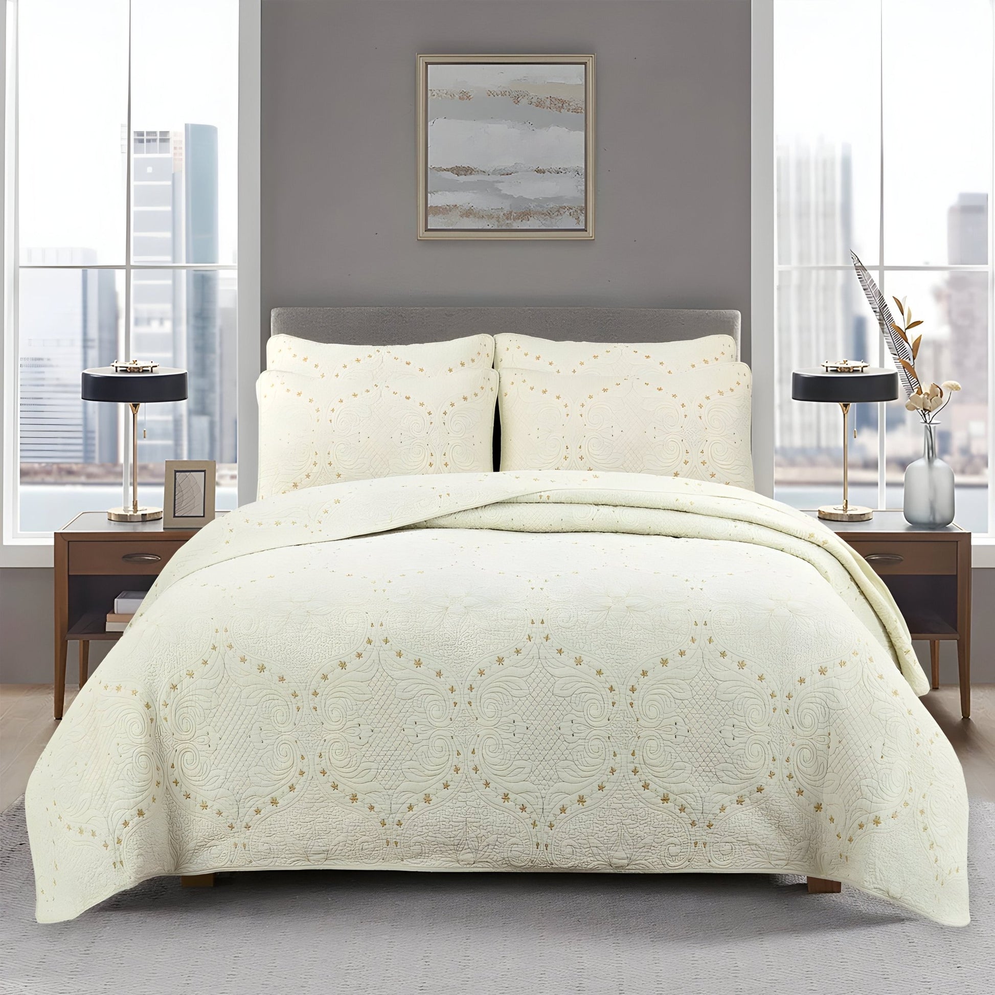 Celina Cotton Bedspread Set - Front Side View - Main Product Image - Cream