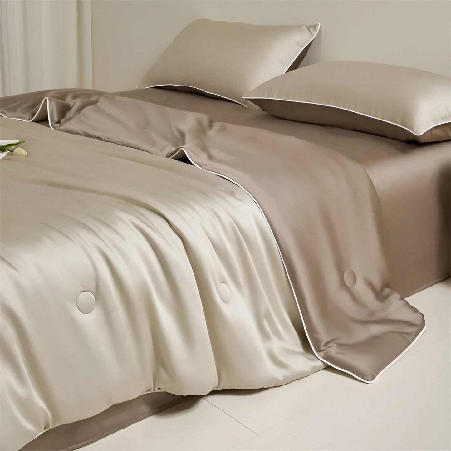 Cheerful Eucalyptus Coverlet Set - Side View - Right Side - Close Up - Champagne