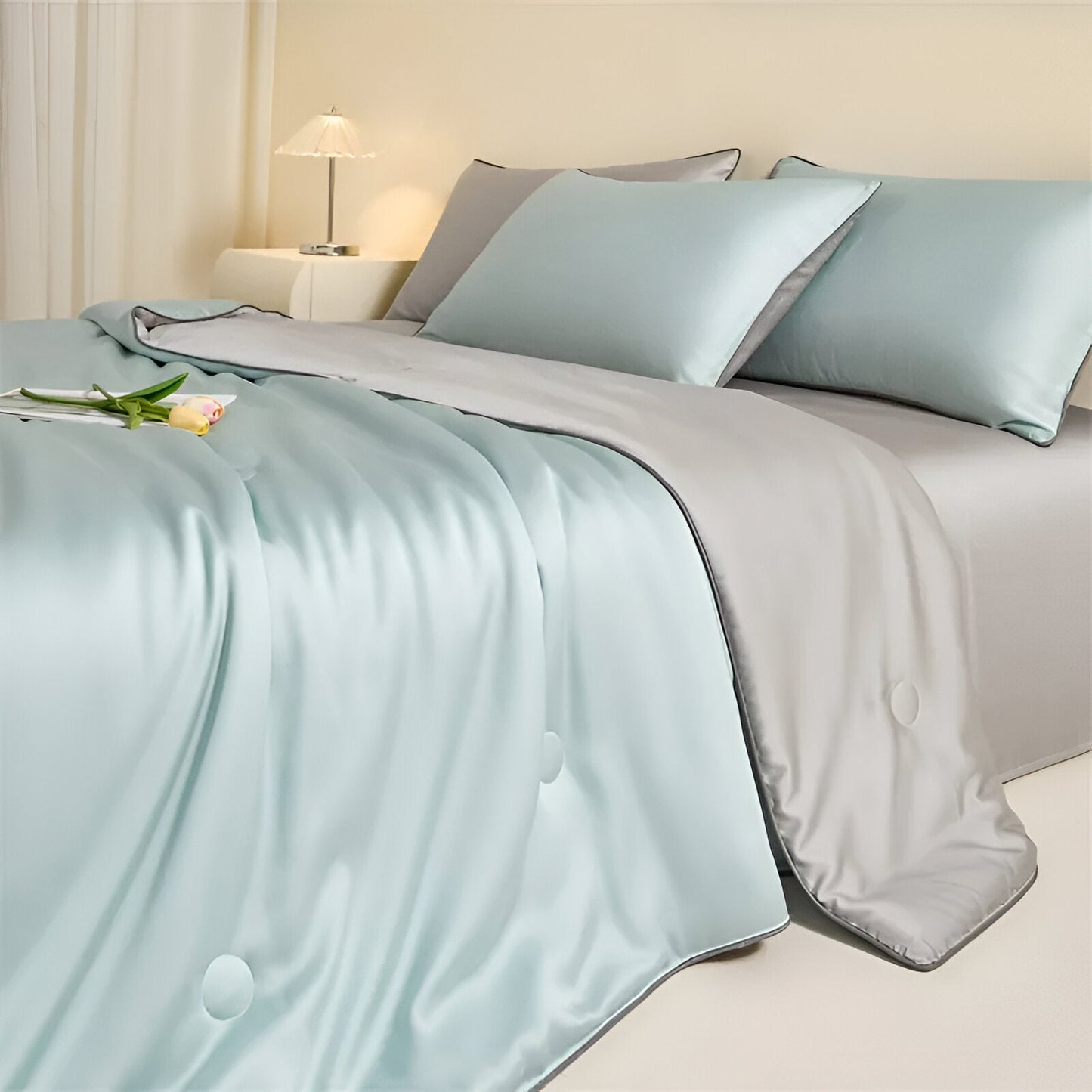 Cheerful Eucalyptus Coverlet Set - Side View - Right Side - Close Up - Pale Blue