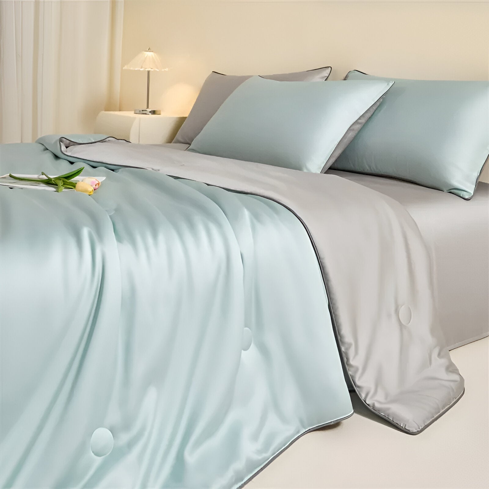 Cheerful Eucalyptus Coverlet Set - Side View - Right Side - Close Up - Pale Blue