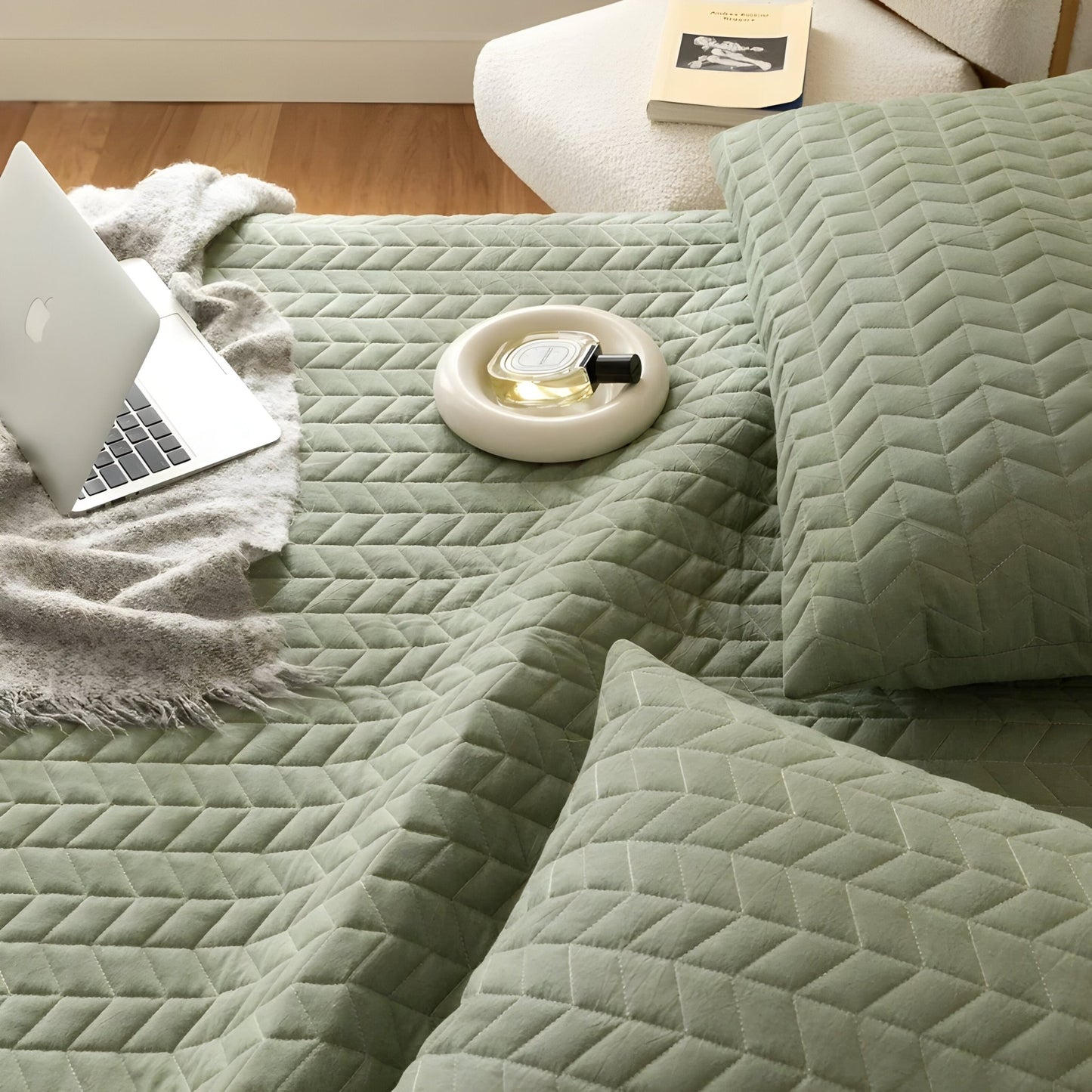 Dallas Washed Cotton Bedspread - Close Up - Sage Green