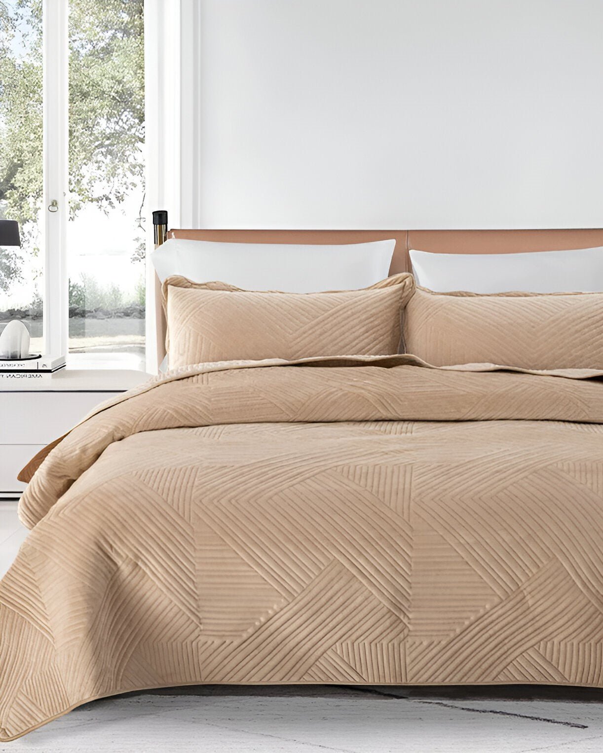 Delani Velvet Bedspread - Front Side View - Sand