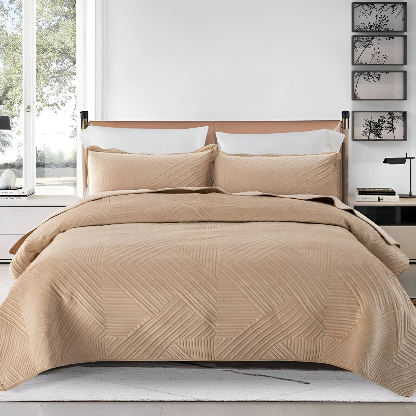 Delani Velvet Bedspread - Front Side View - Main Product Image - Sand