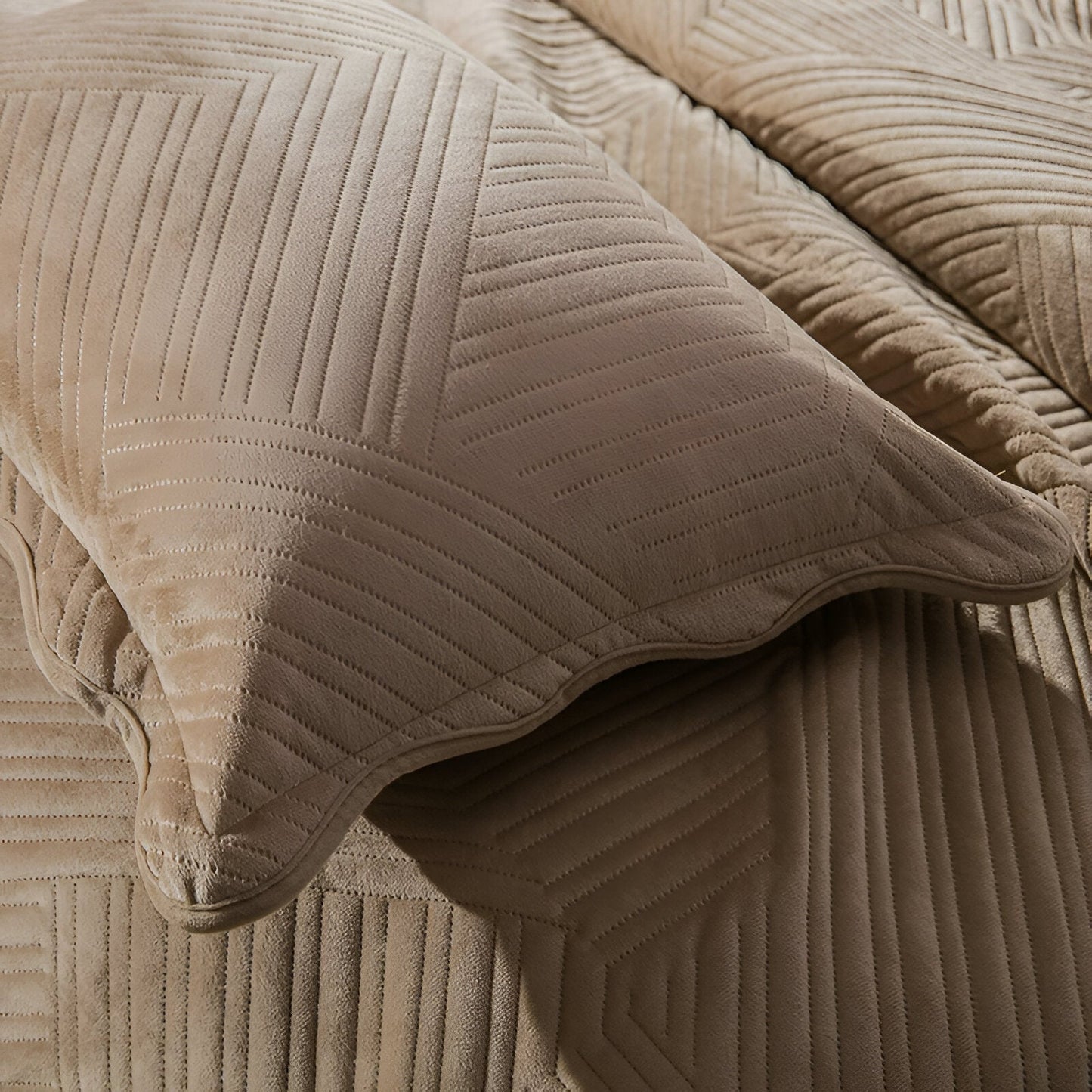 Delani Velvet Bedspread - Close Up Of Pillowcase - Sand