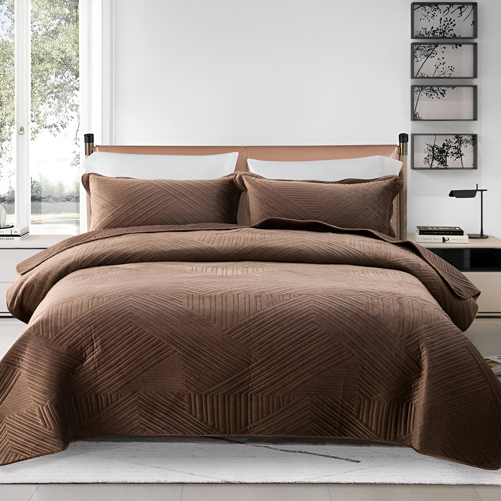 Delani Velvet Bedspread - Front Side View - Main Product Image - Dark Brown