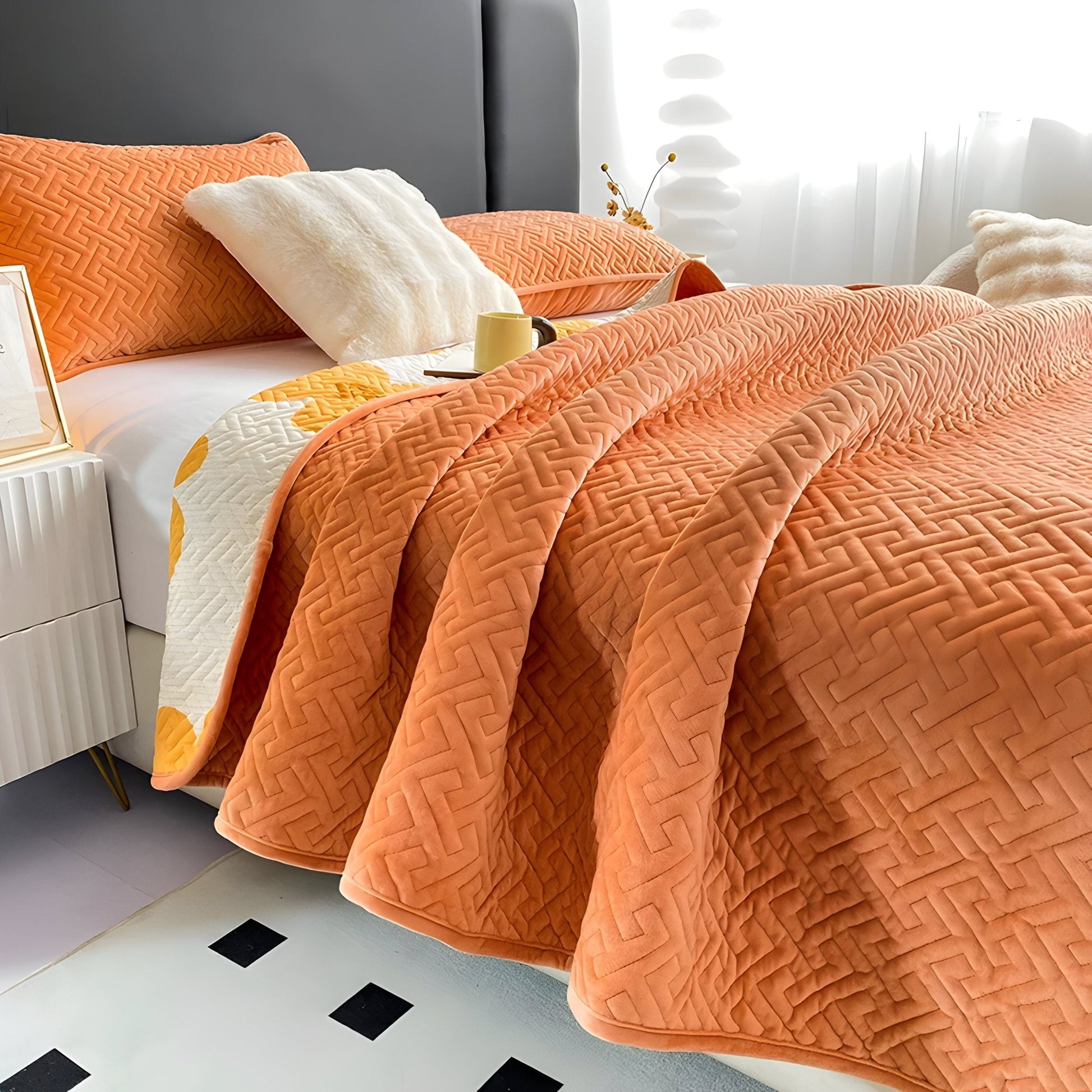 Diana Velvet Bedspread - Side View - Left Side - Orange