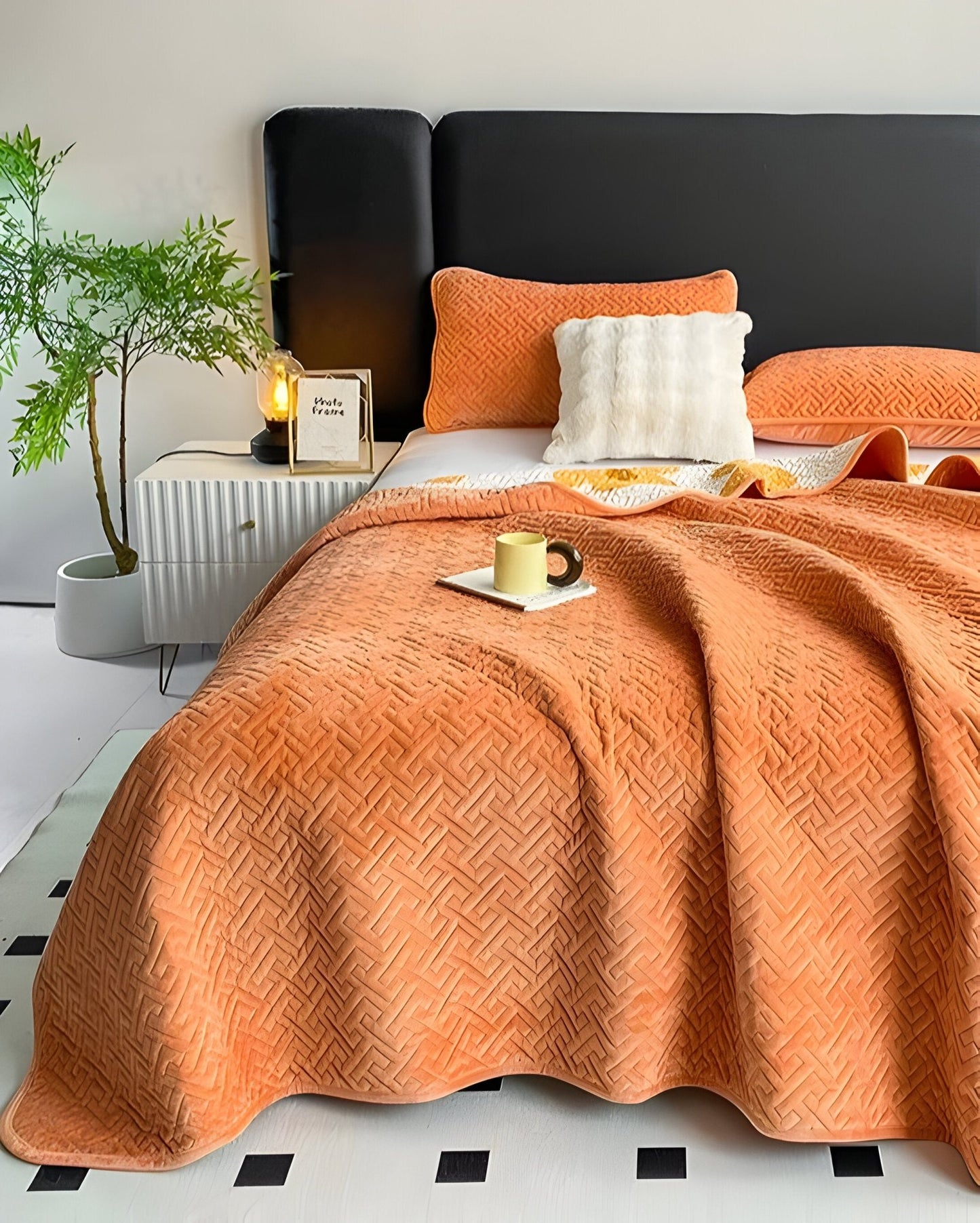 Diana Velvet Bedspread - Front Side View - Orange