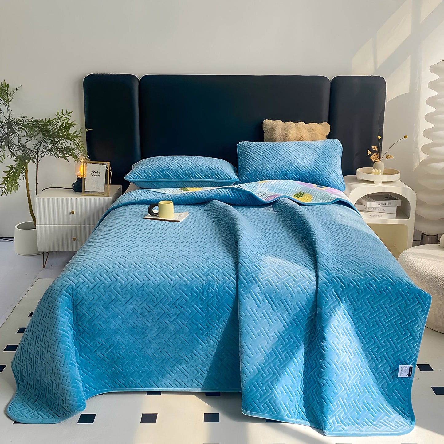 Diana Velvet Bedspread - Front Side View - Main Product Image - Blue