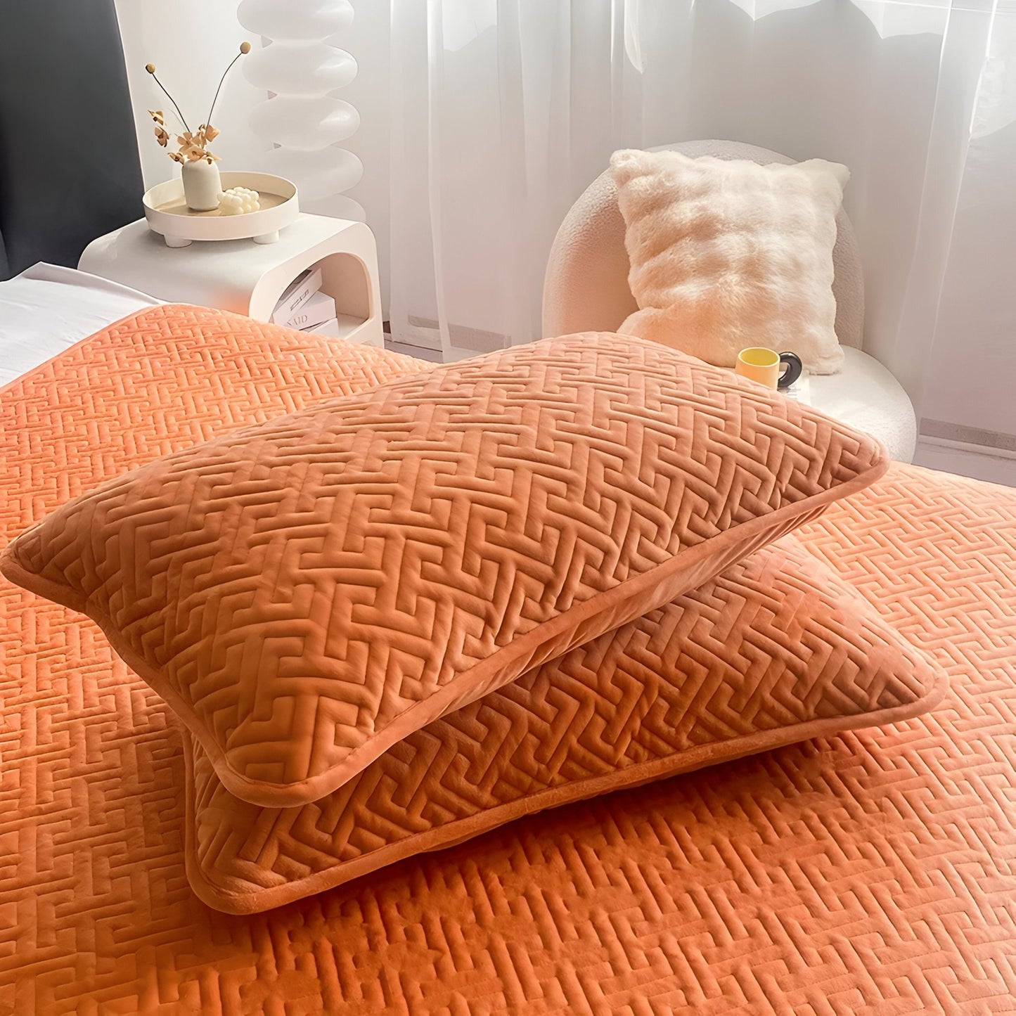 Diana Velvet Bedspread - Close Up Of Pillowcases - Orange