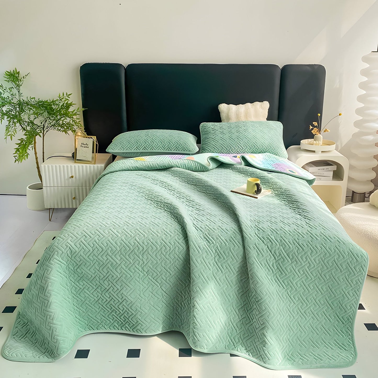 Diana Velvet Bedspread - Front Side View - Main Product Image - Mint Green