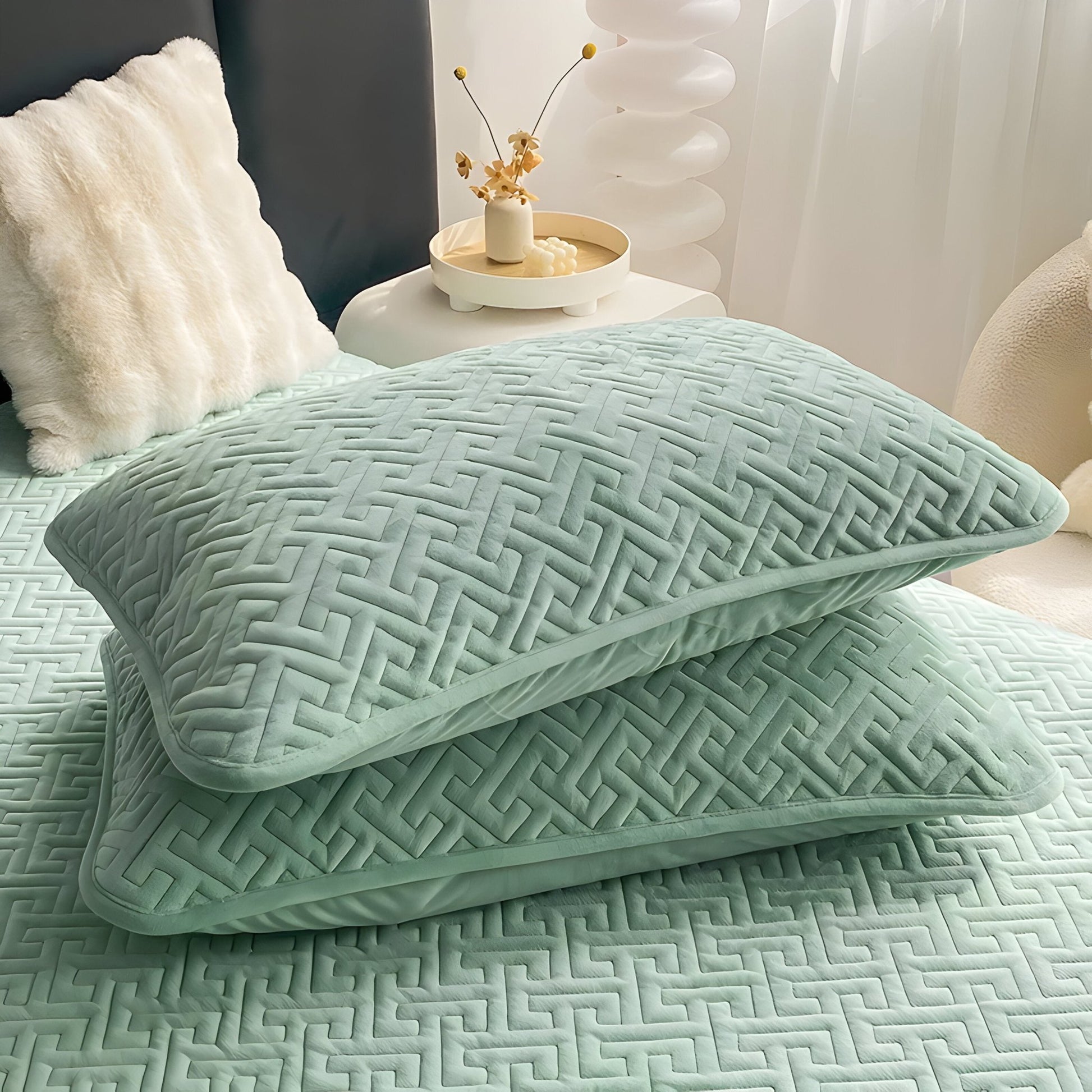 Diana Velvet Bedspread - Close Up Of Pillowcases - Mint Green