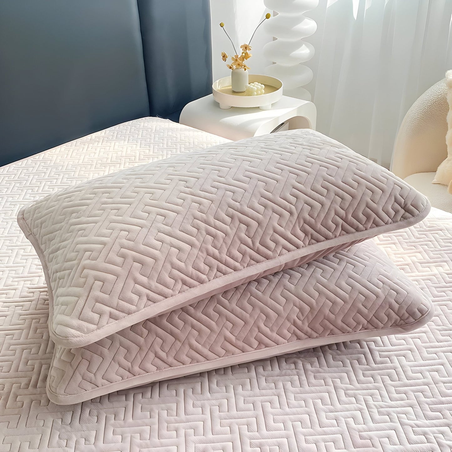 Diana Velvet Bedspread - Close up Of Pillowcases - Pink