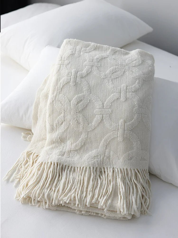 Dorene Knitted Throw Blanket - Front Side View - Neatly Folded - White