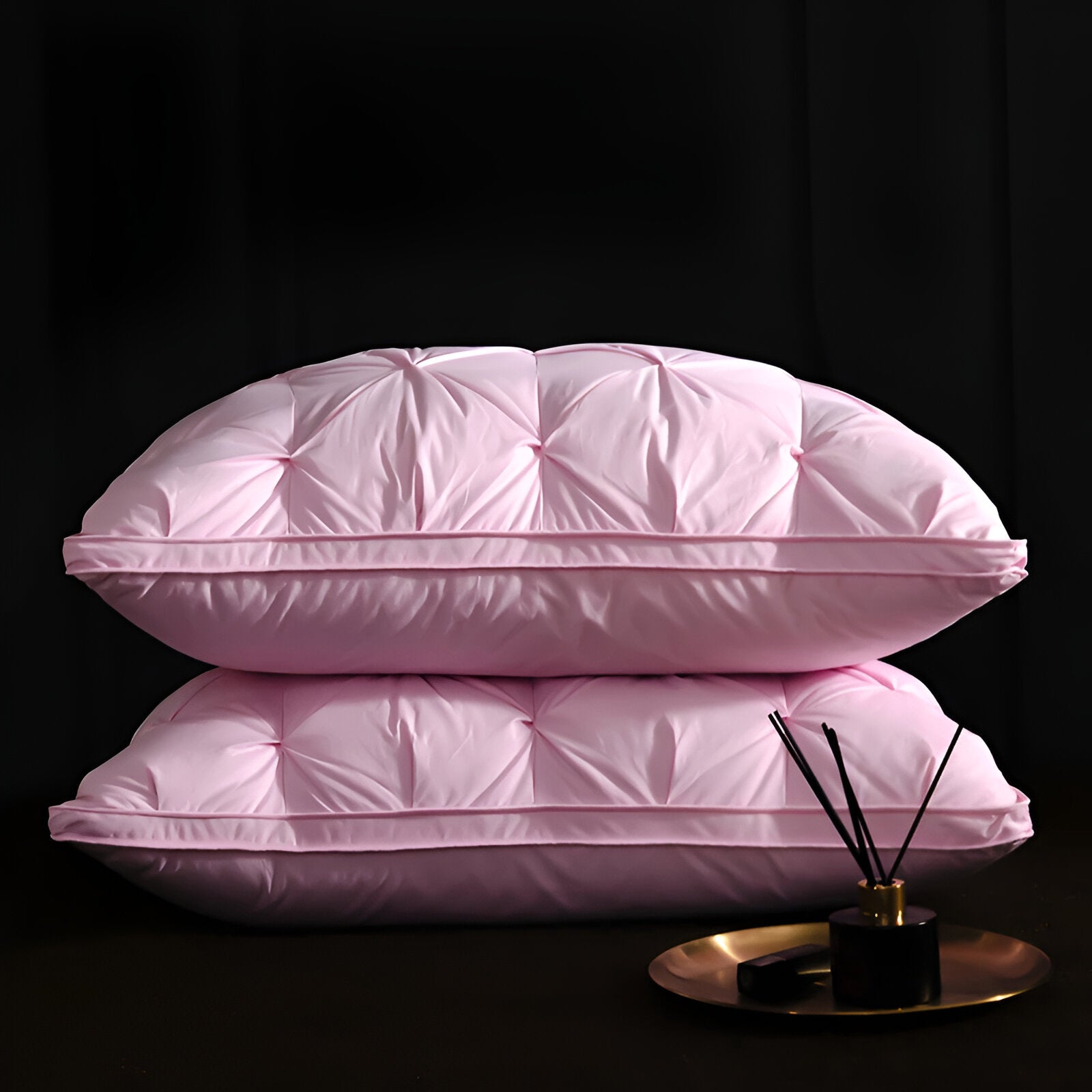 Down Blend Medium Support Pillow Set (Set of 2) - Front Side View - Black Background - Pink