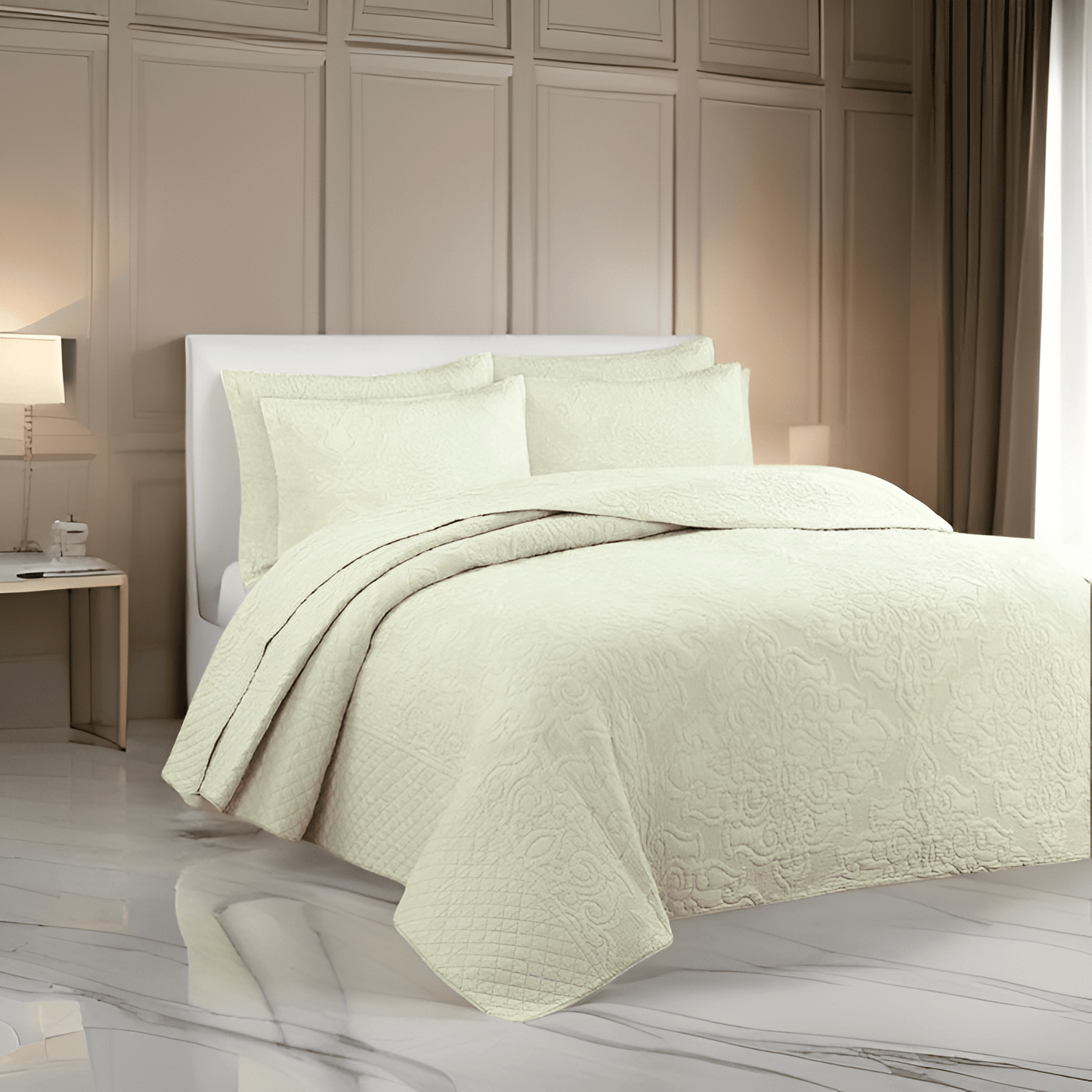 Elena Cotton Quilt Set - Side View - Left Side - Beige