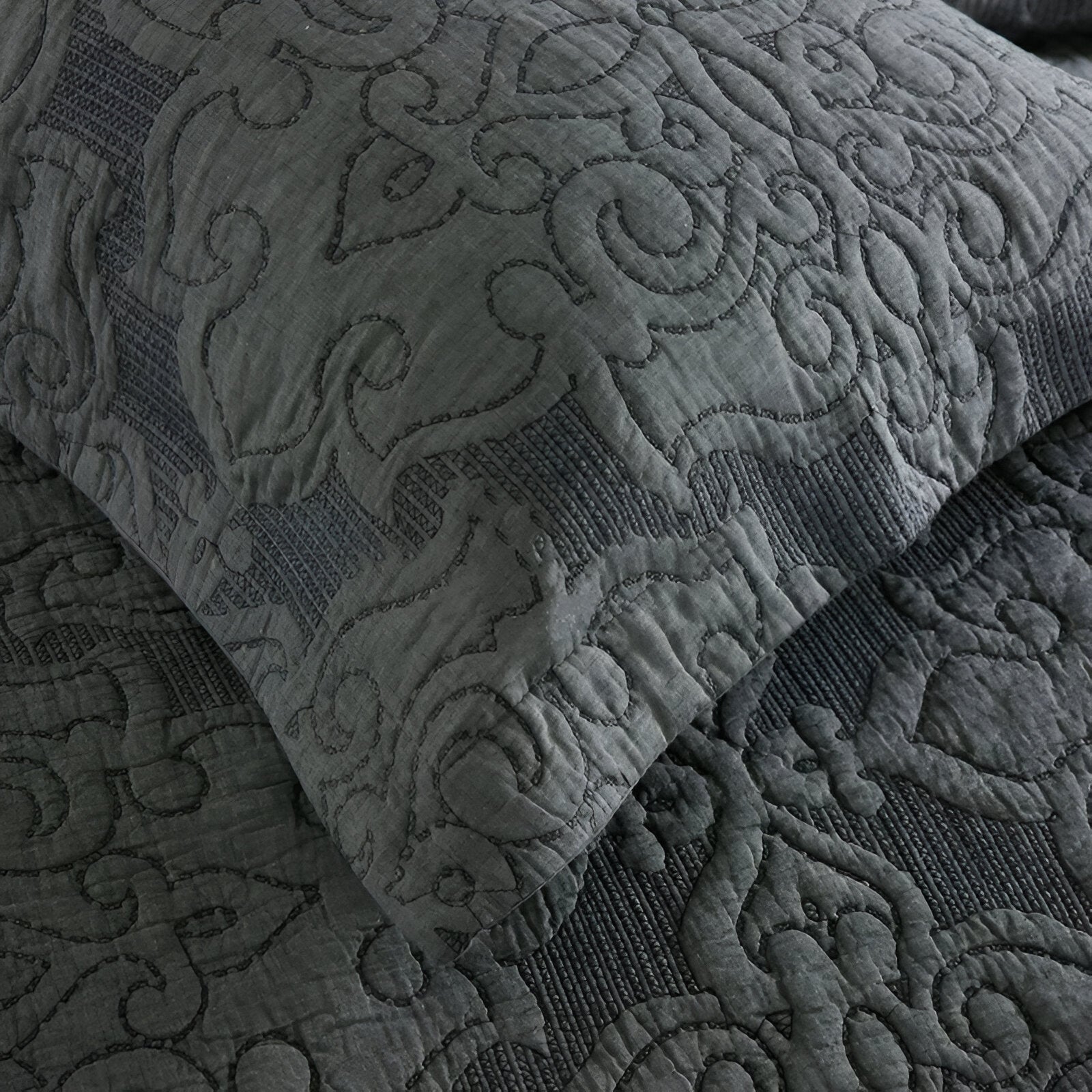 Elena Cotton Quilt Set - Close Up Of Detailing - Gray