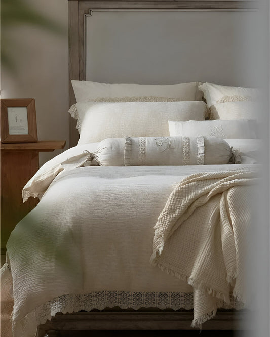 Elena Linen Bedding Set - Front Side View - Beige