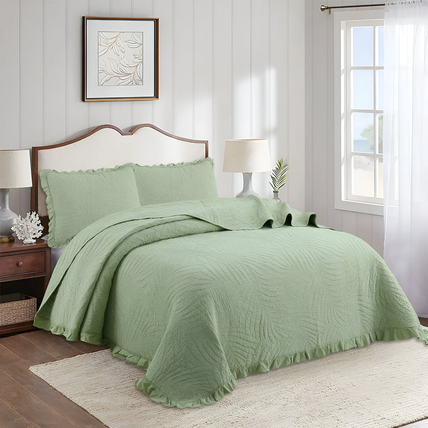 Eliana Cotton Quilt Set - Side View - Left Side - Green