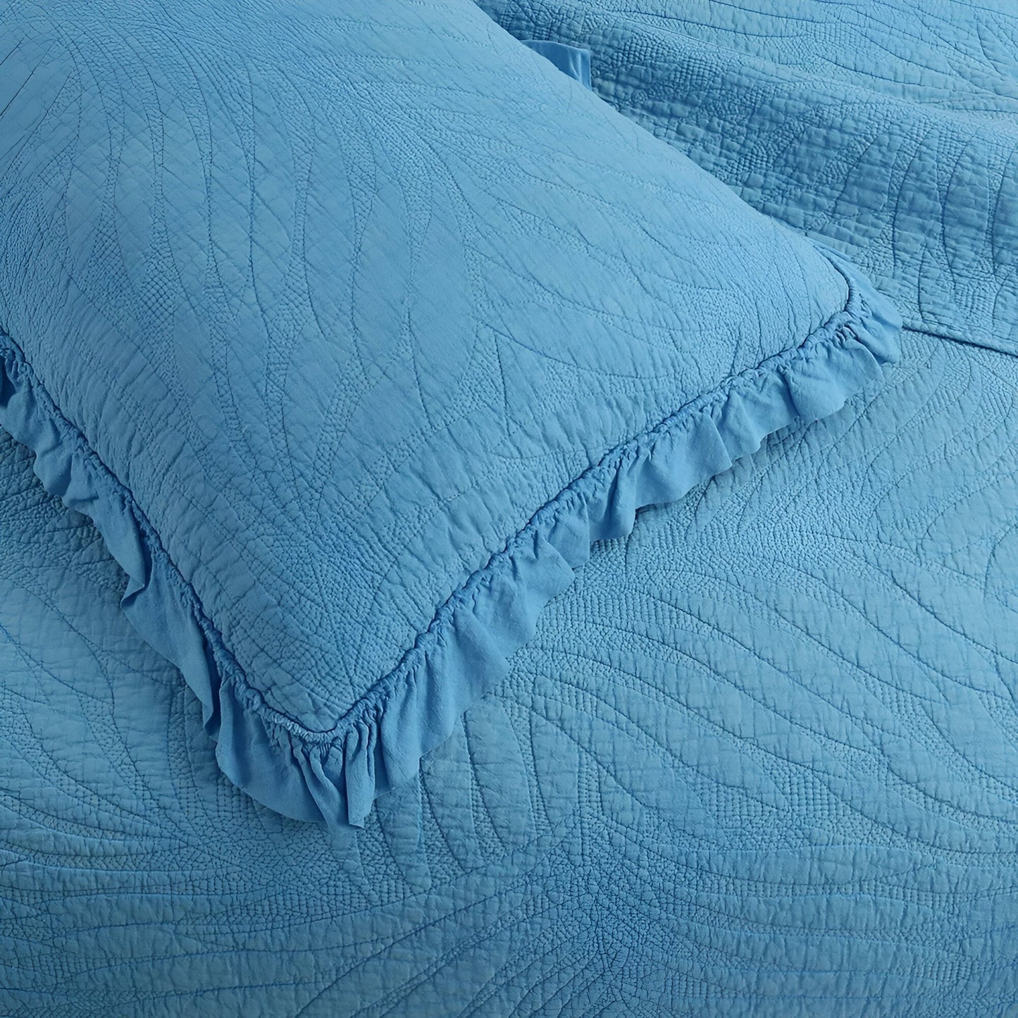 Eliana Cotton Quilt Set - Close Up Of Detailing - Blue