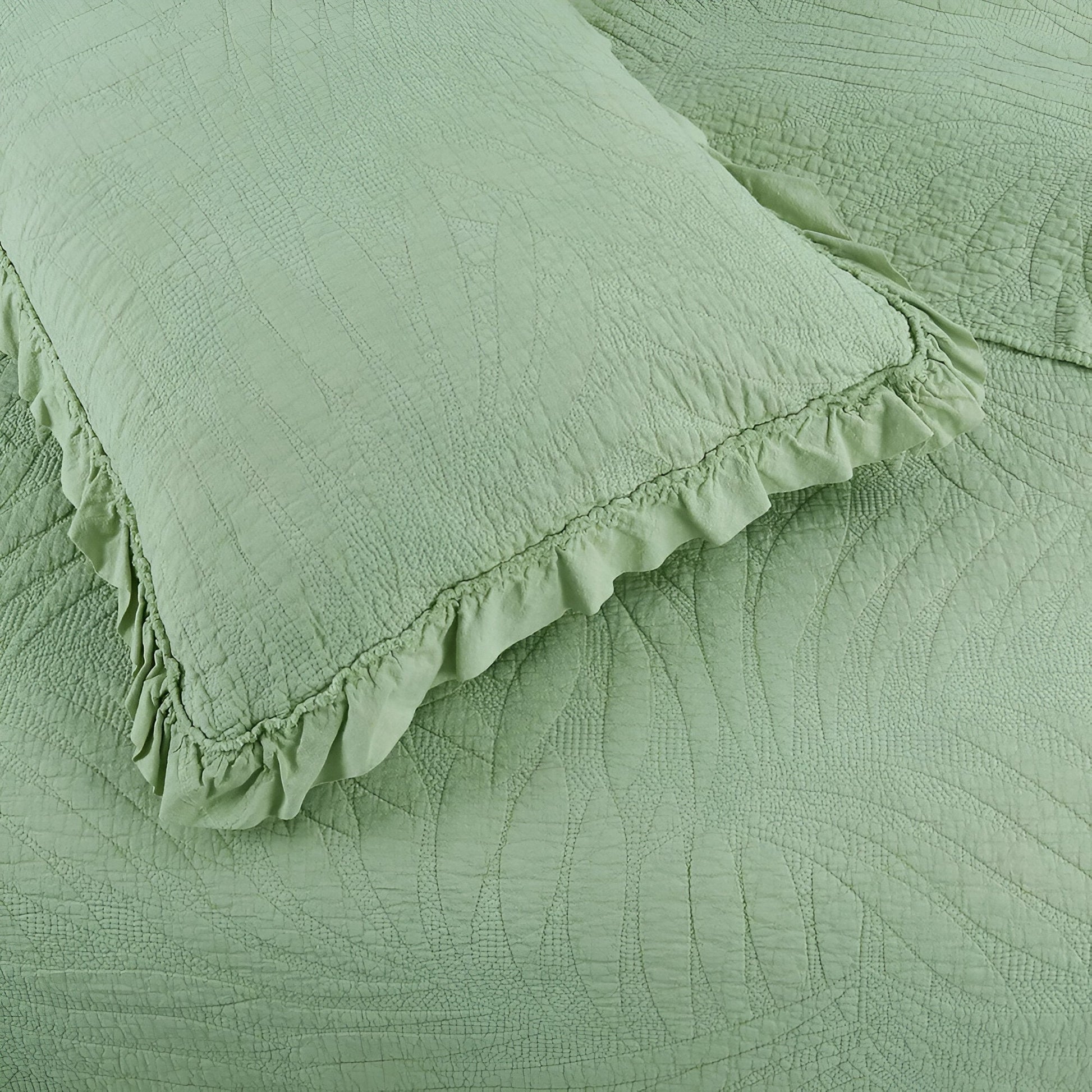 Eliana Cotton Quilt Set - Close Up Of Detailing - Green