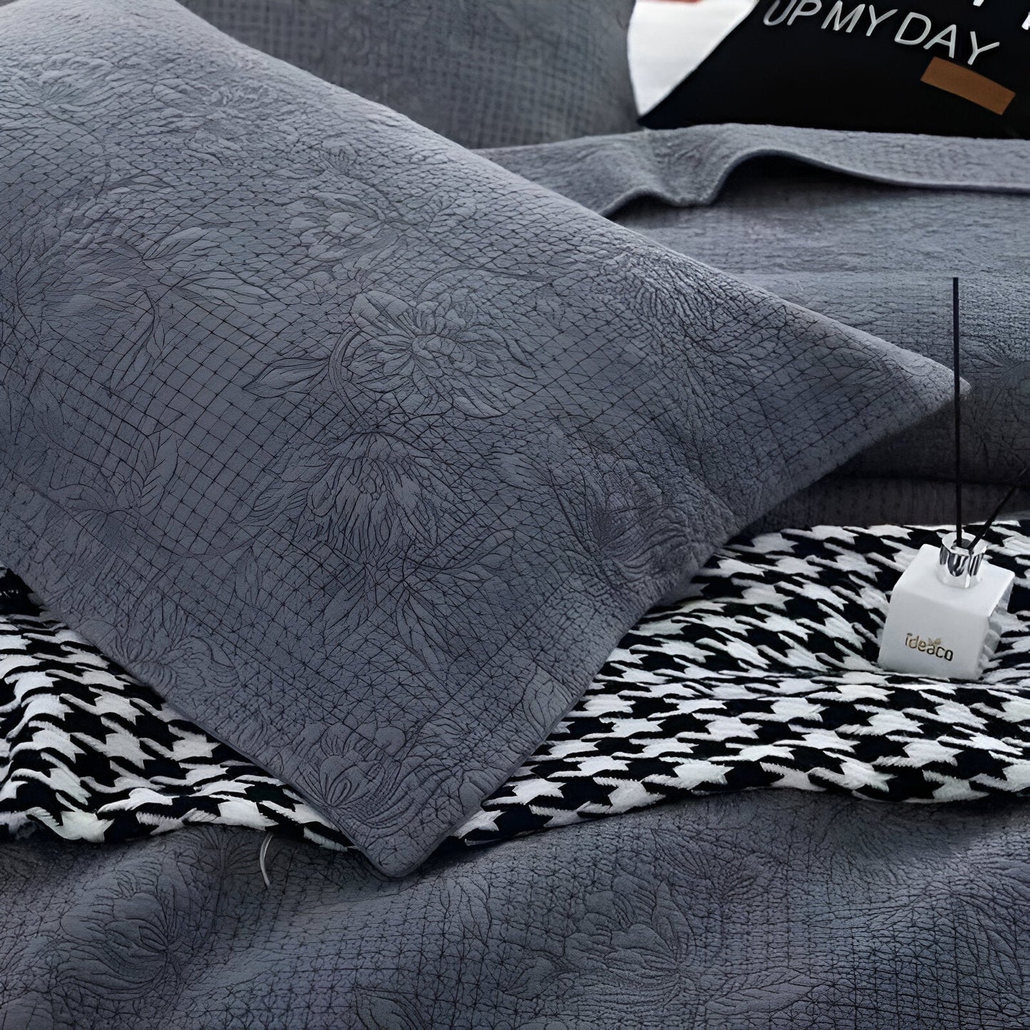 Emily Cotton Quilt Set - Close Up Of Pillowcase Detailing - Gray