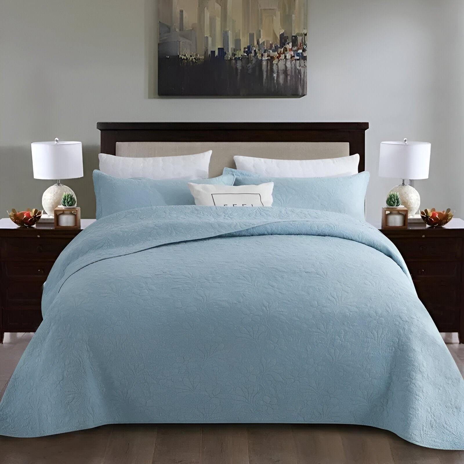 Estelle Cotton Bedspread Set - Front Side View - Main Product Image - Blue