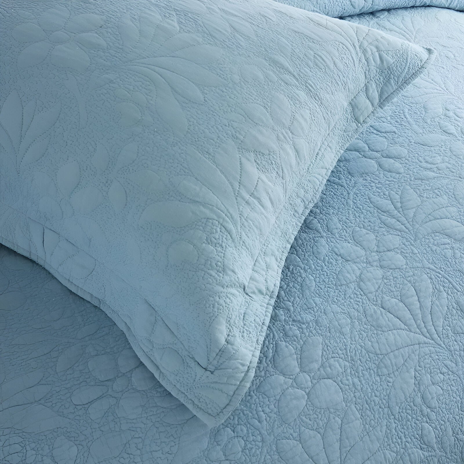 Estelle Cotton Bedspread Set - Close Up Of Pillowcase - Blue