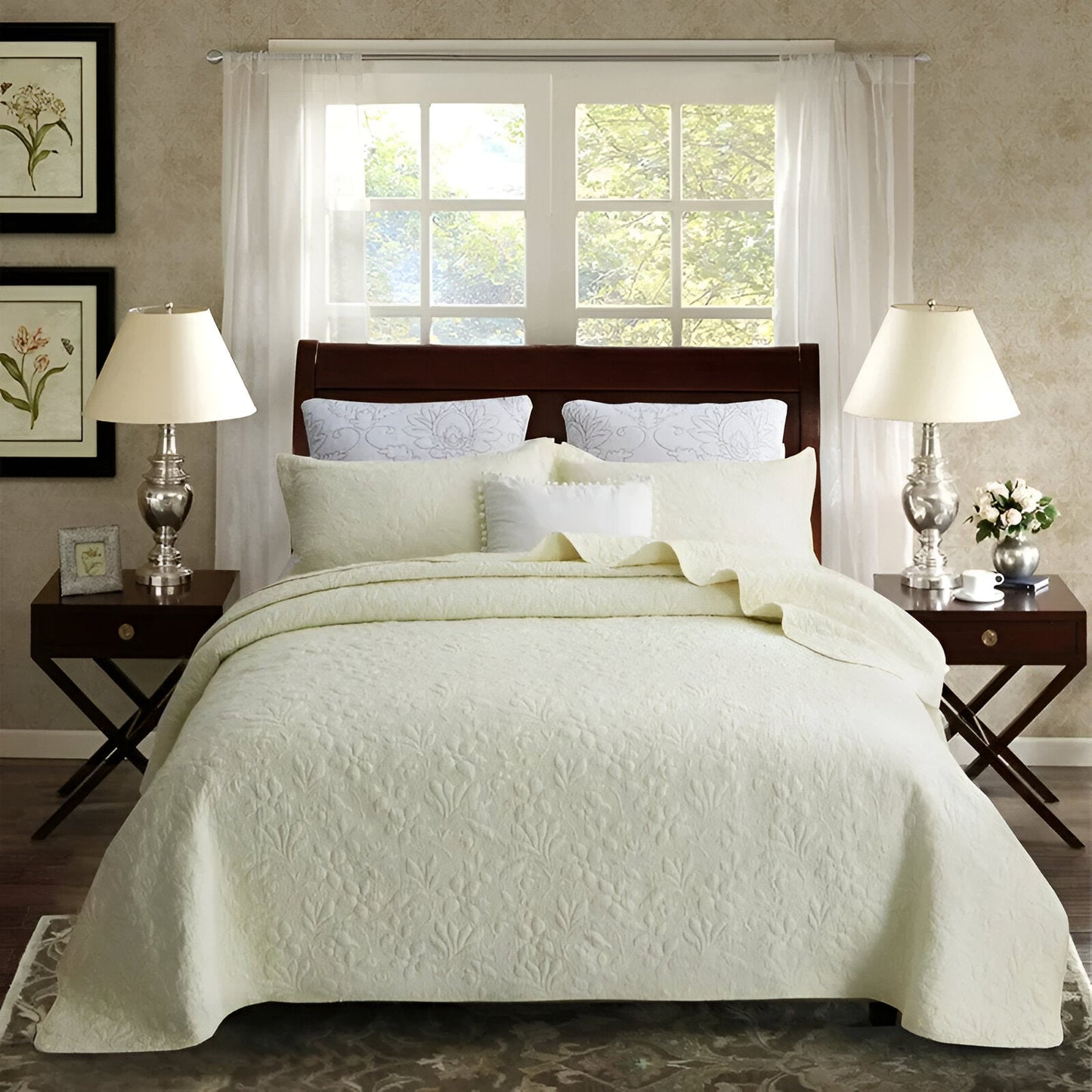 Estelle Cotton Bedspread Set - Front Side View - Main Product Image - Cream