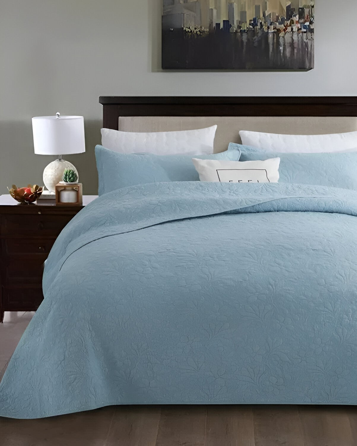 Estelle Cotton Bedspread Set - Front Side View - Blue