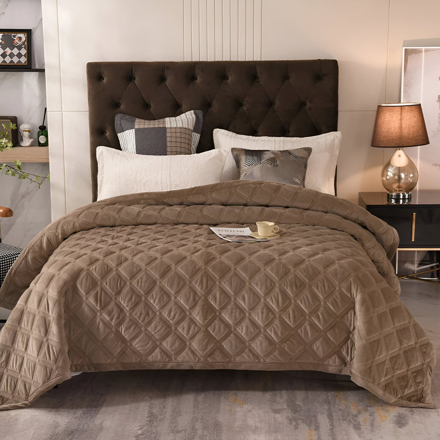 Faith Velvet Bedspread - Front Side View - Main Product Image - Light Taupe