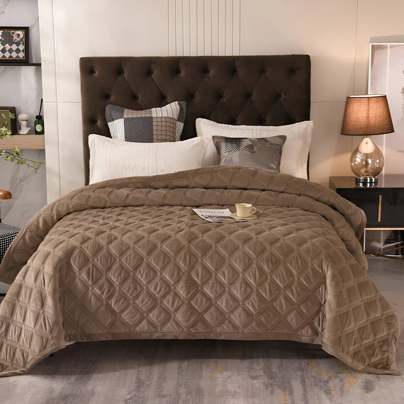 Faith Velvet Bedspread - Front Side View - Main Product Image - Light Taupe