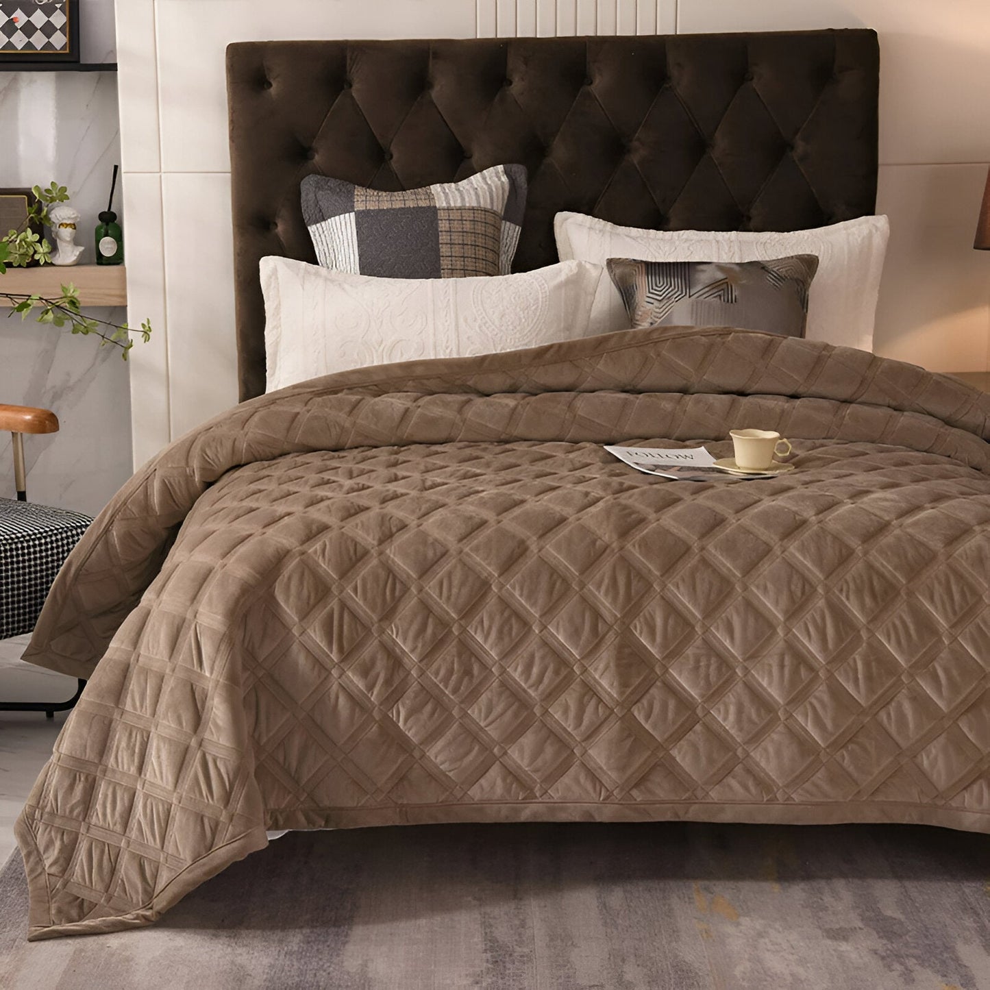 Faith Velvet Bedspread - Front Side View - Light Taupe