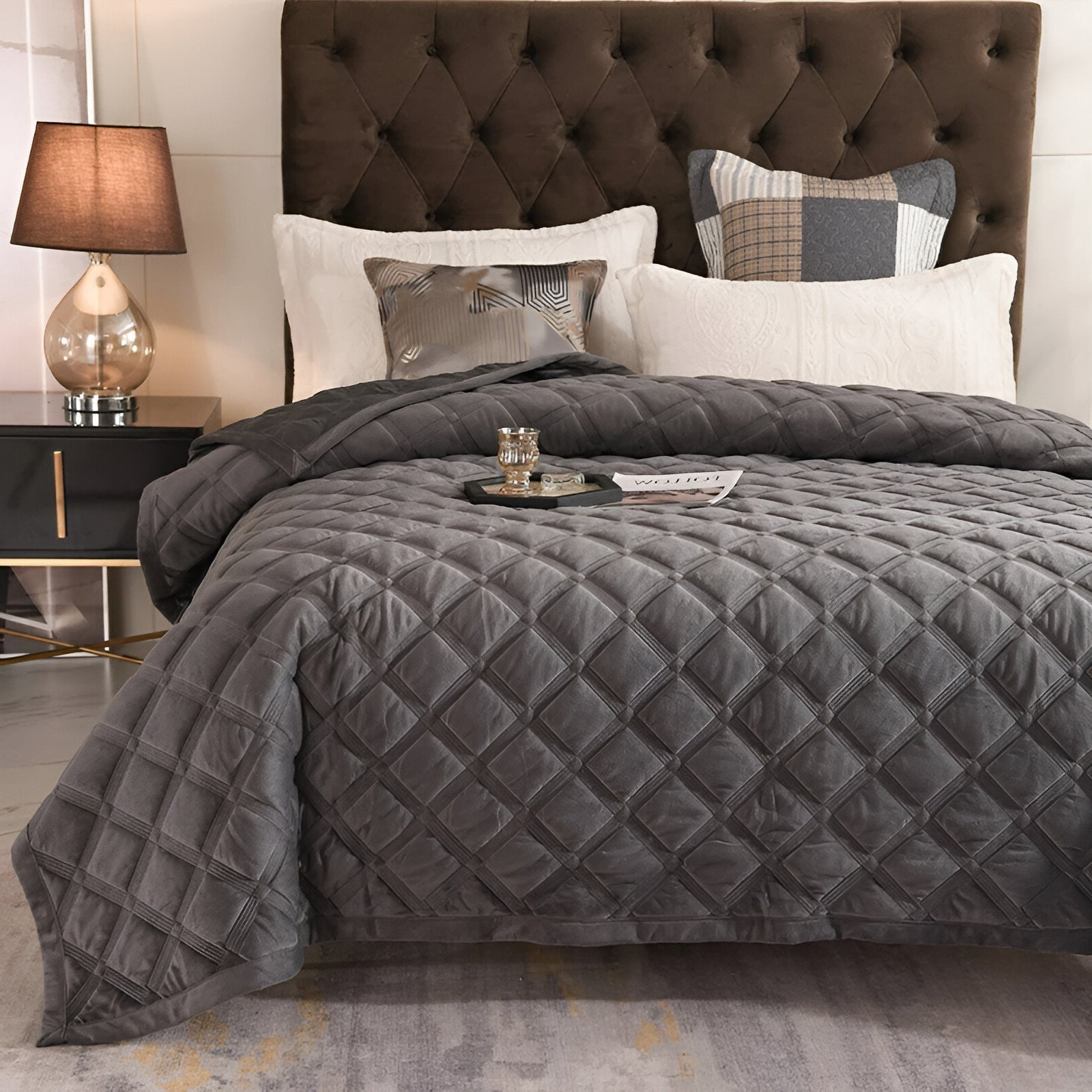 Faith Velvet Bedspread - Front Side View - Gray