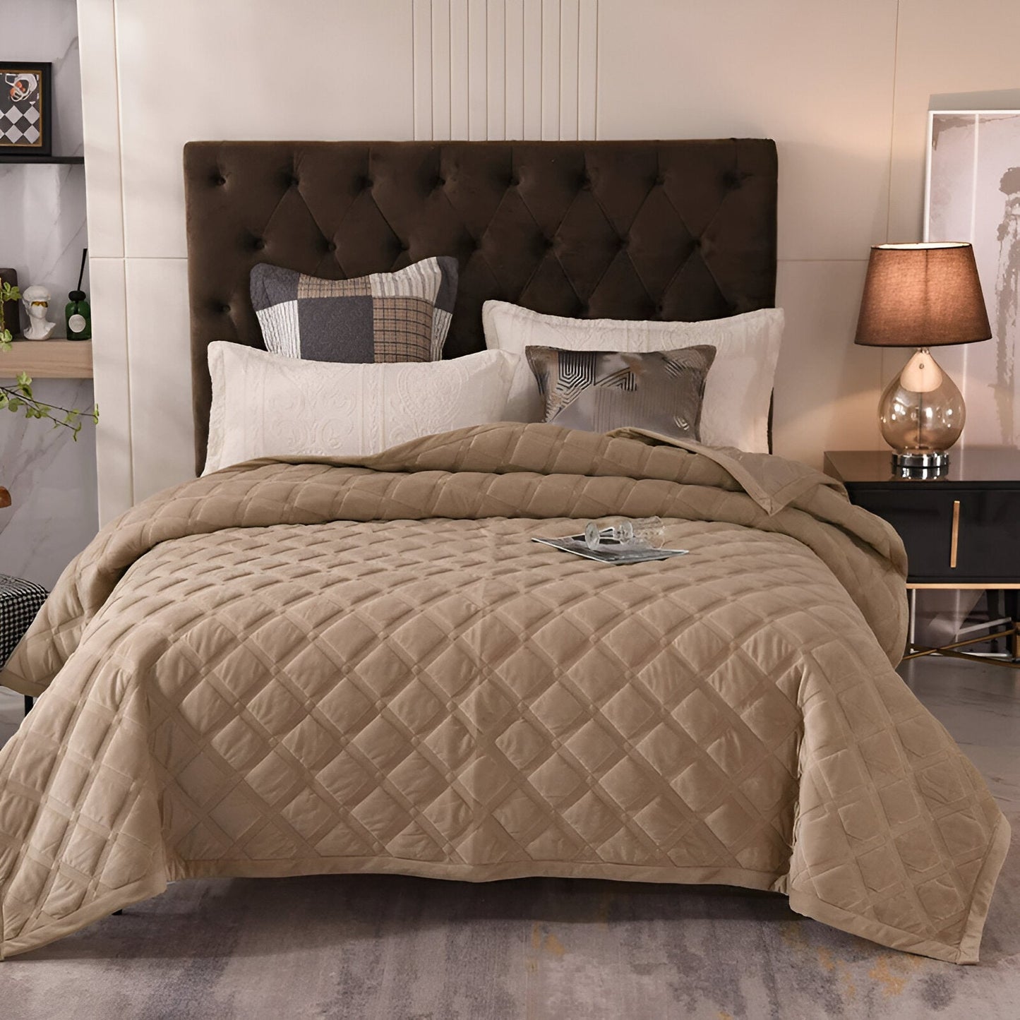 Faith Velvet Bedspread - Front Side View - Main Product Image - Tan