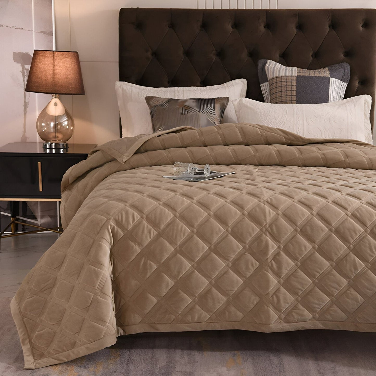 Faith Velvet Bedspread - Front Side View - Tan