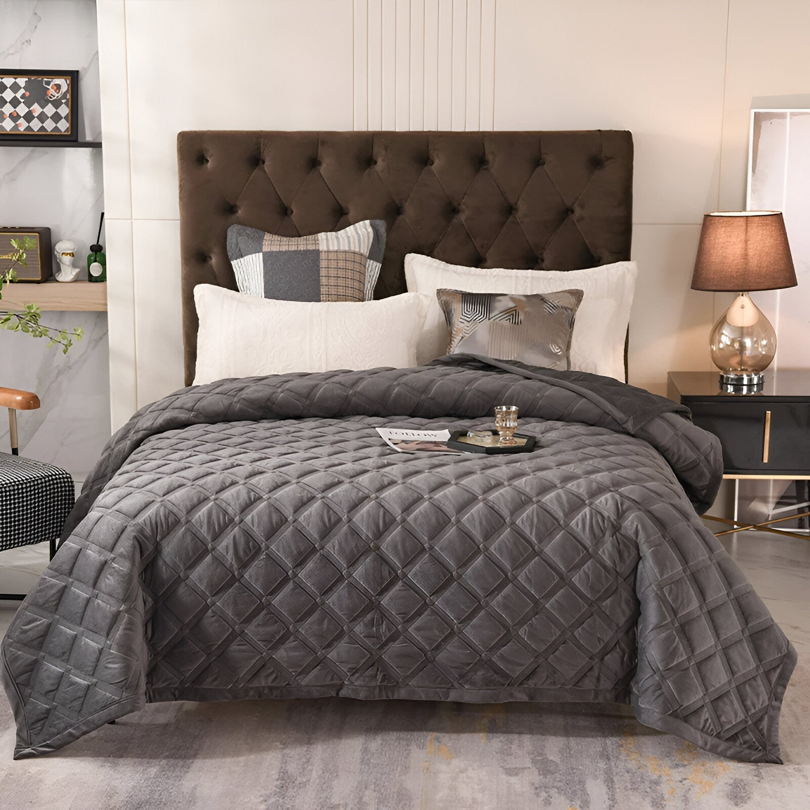 Faith Velvet Bedspread - Front Side View - Main Product Image - Gray