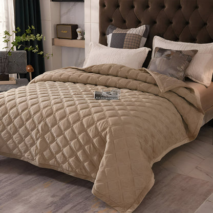 Faith Velvet Bedspread - Side View - Right Side - Tan