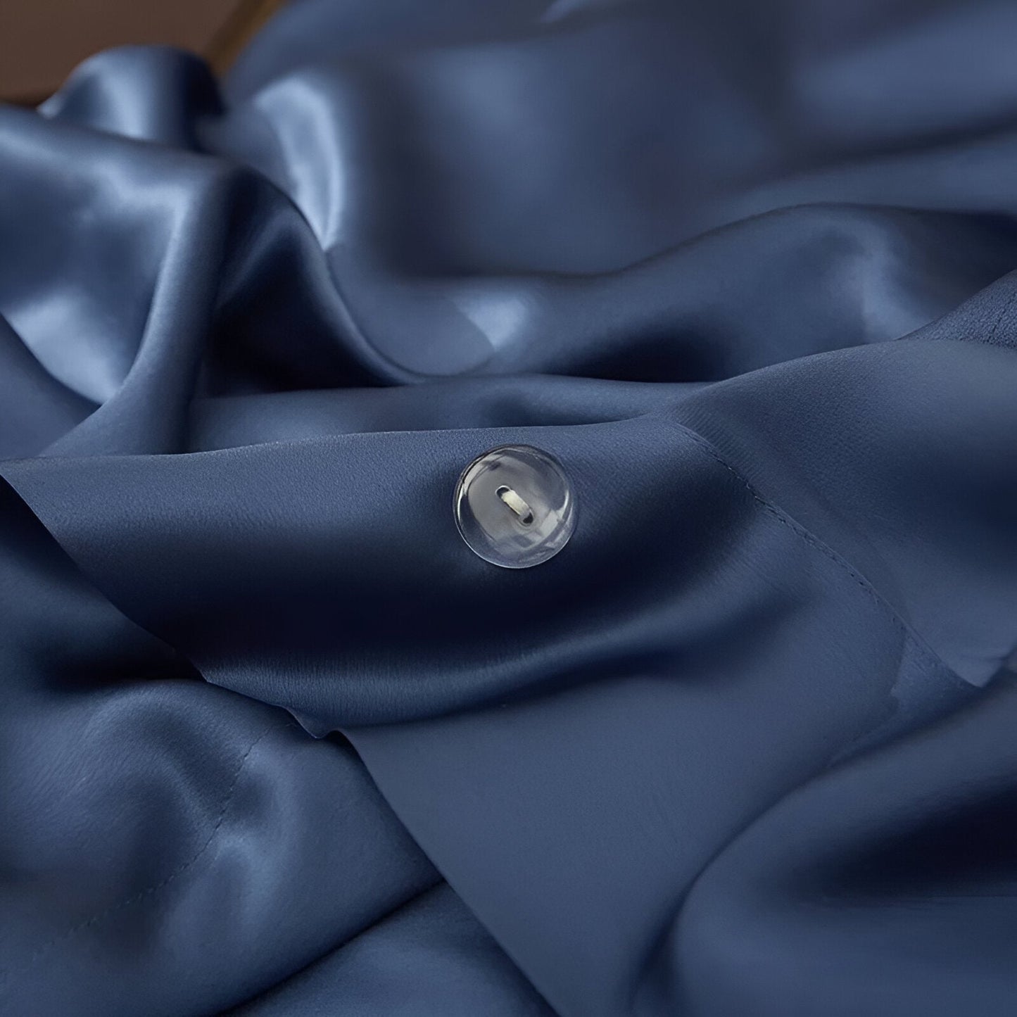 Gamila Mulberry Silk Bedding Set - Close Up on Button Closure - Navy Blue