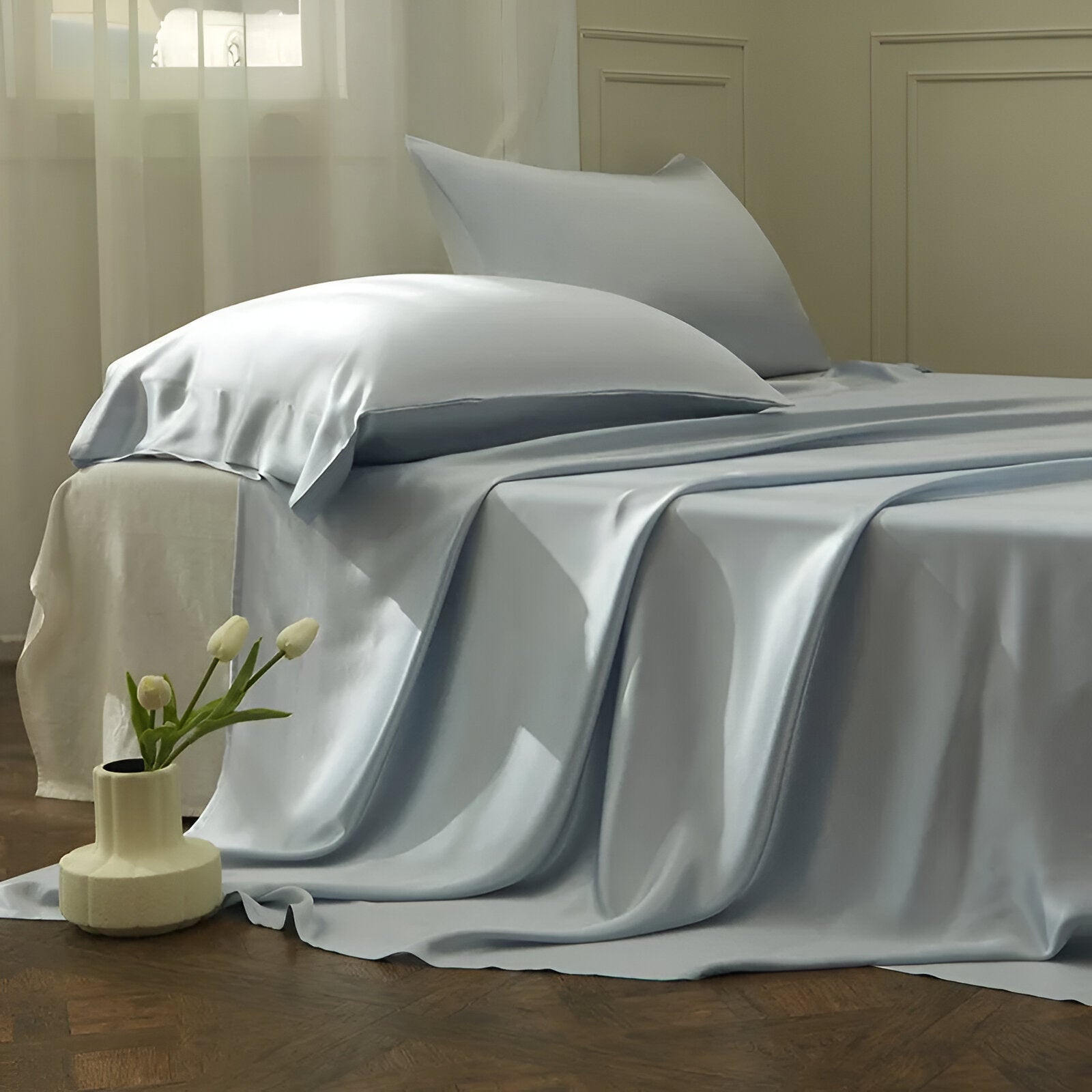 Gamila Mulberry Silk Bedding Set - Side View - Left Side - Close Up - Pale Blue