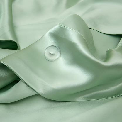 Gamila Mulberry Silk Bedding Set - Close Up On Button Closure - Pastel Green