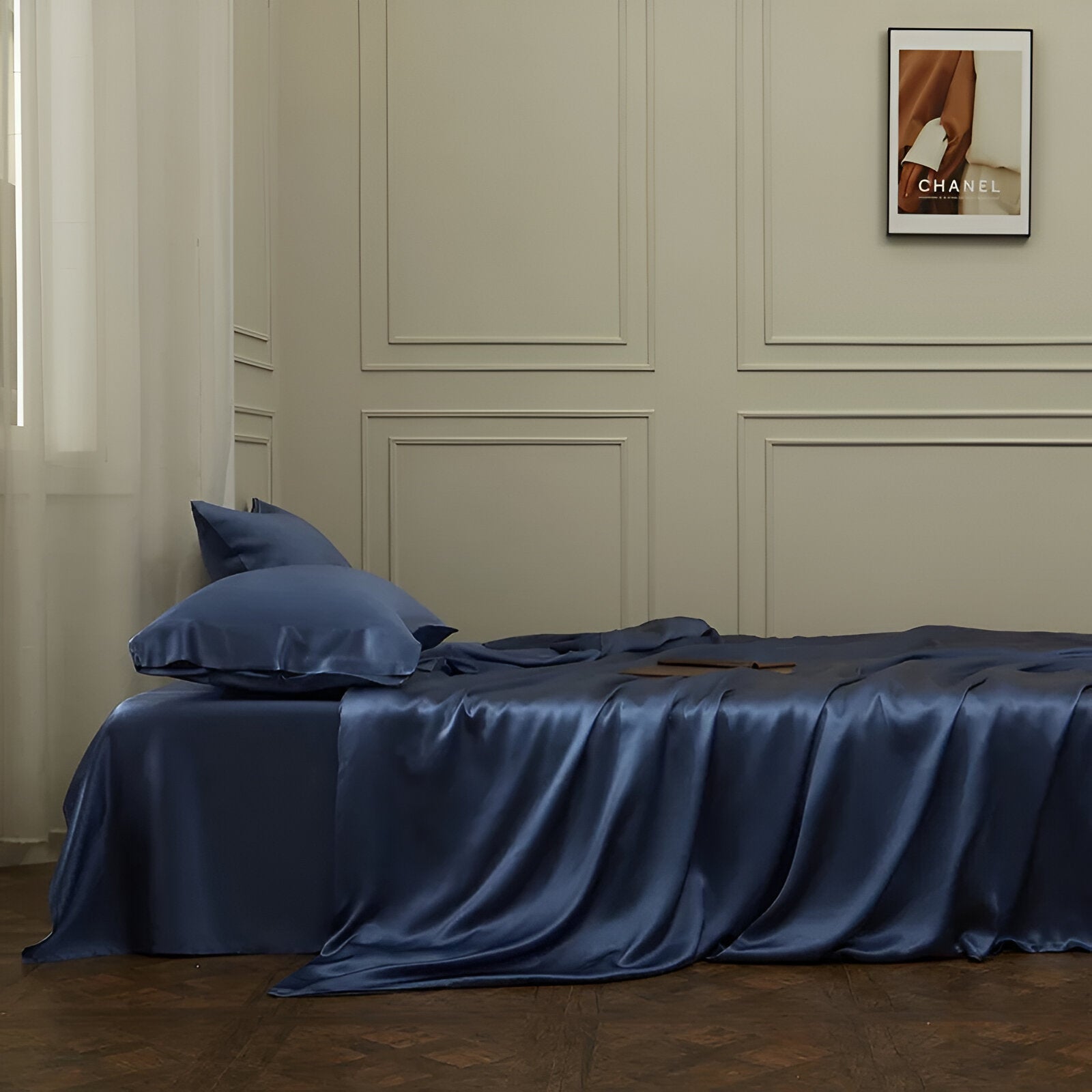 Gamila Mulberry Silk Bedding Set - Side View - Left Side - Navy Blue