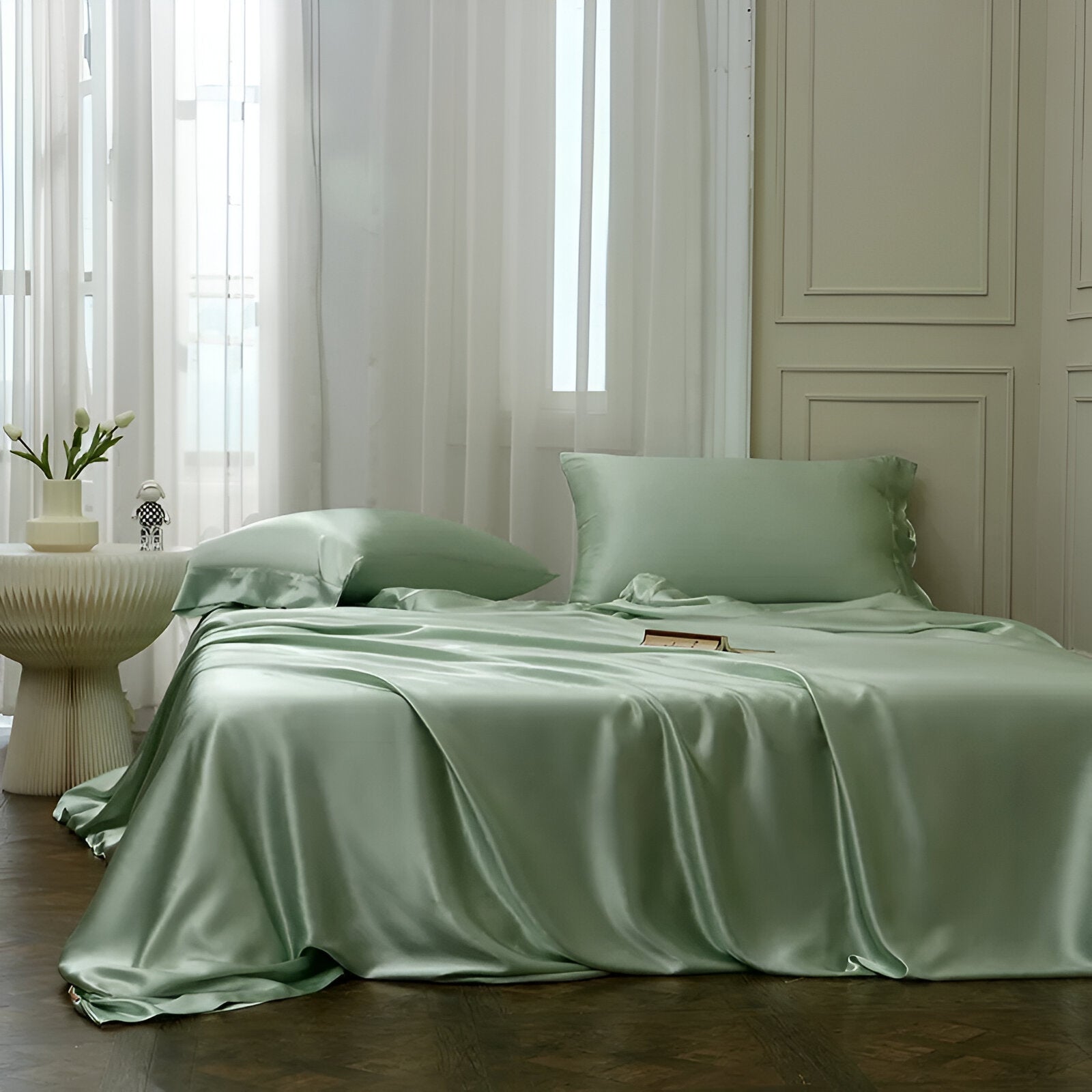 Gamila Mulberry Silk Bedding Set - Front Side View - Main Product Image - Pastel Green