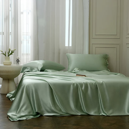 Gamila Mulberry Silk Bedding Set - Front Side View - Main Product Image - Pastel Green