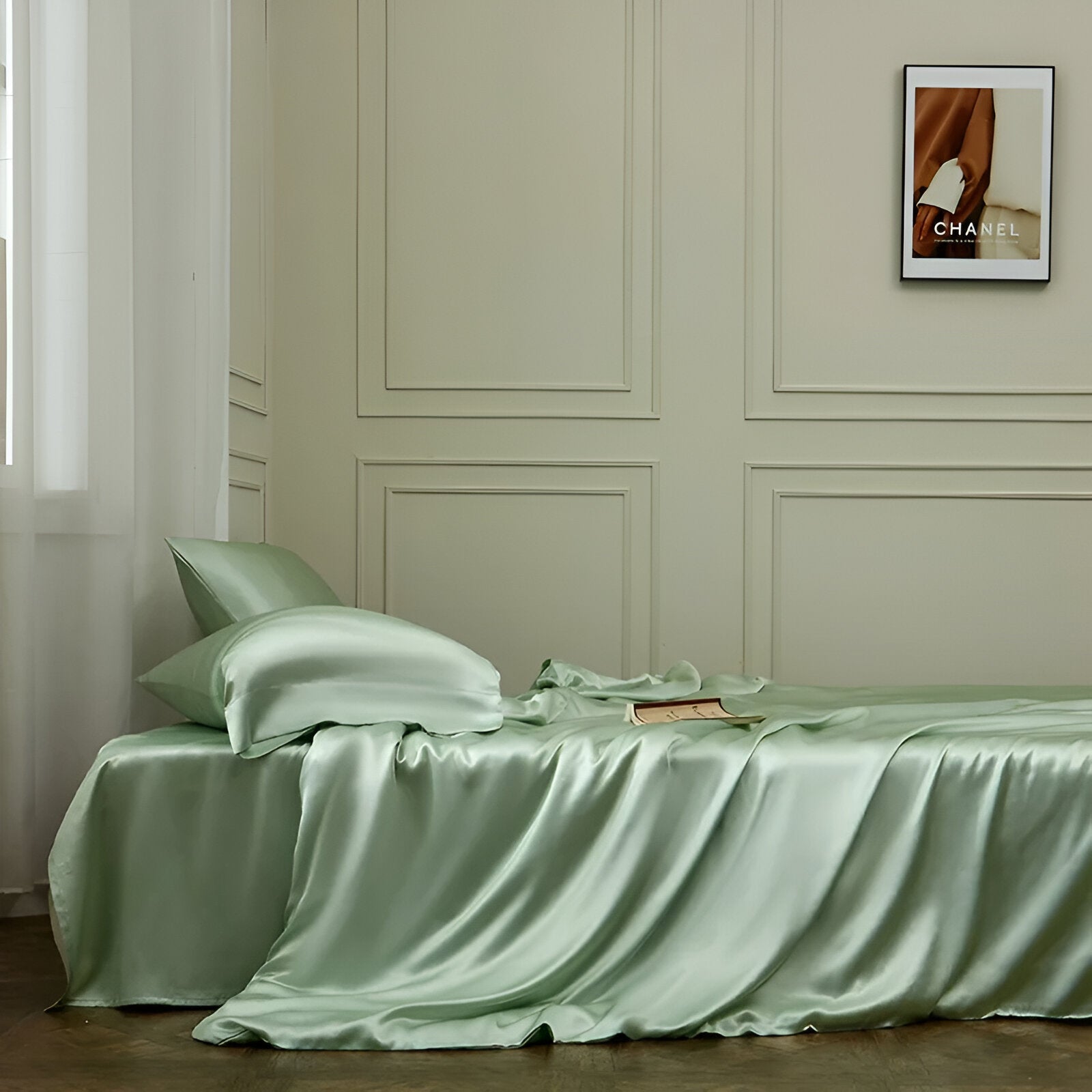 Gamila Mulberry Silk Bedding Set - Side View - Left Side - Pastel Green