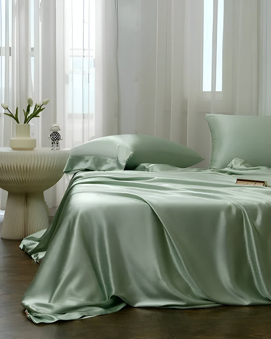 Gamila Mulberry Silk Bedding Set - Front Side View - Pastel Green