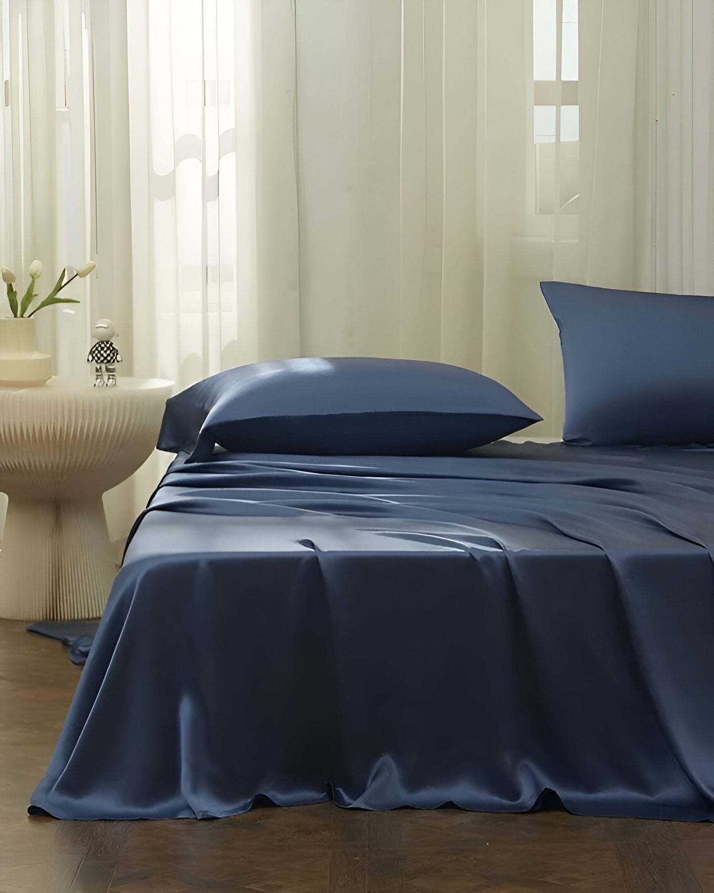 Gamila Mulberry Silk Bedding Set - Front Side View - Navy Blue