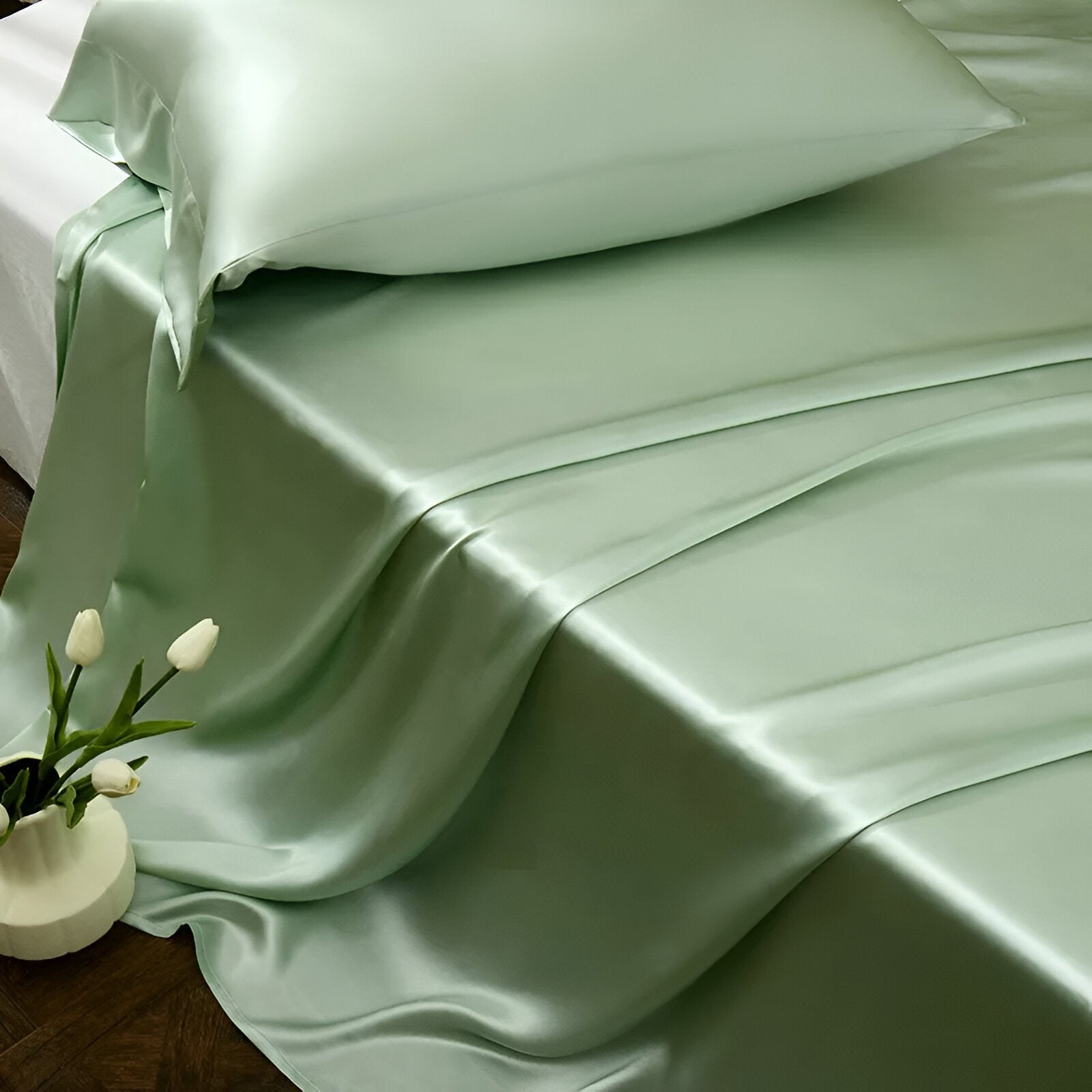 Gamila Mulberry Silk Bedding Set - Side View - Left Side - Close Up - Pastel Green