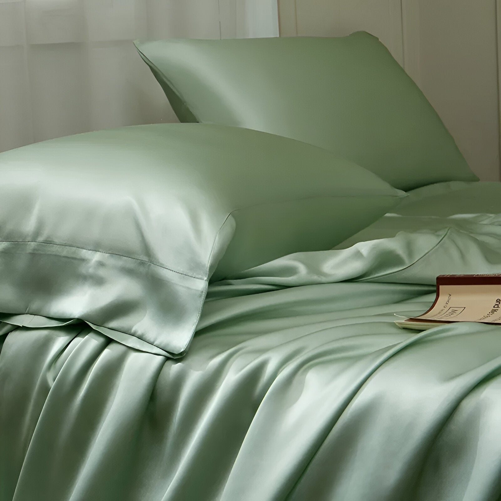 Gamila Mulberry Silk Bedding Set - Close Up On Pillowcases - Pastel Green