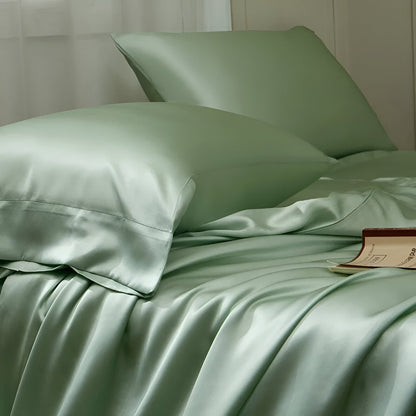 Gamila Mulberry Silk Bedding Set - Close Up On Pillowcases - Pastel Green